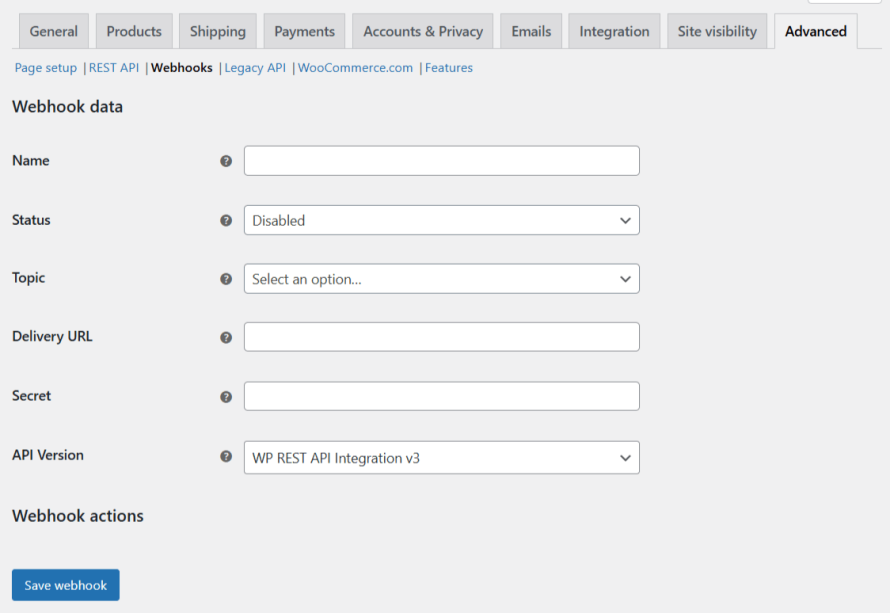 A screenshot showing the fields that have to be filled when creating a new webhook in WooCommerce.