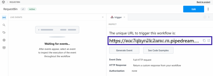 A screenshot of RequestBin’s interface showing the URL to copy in order to test a webhook.