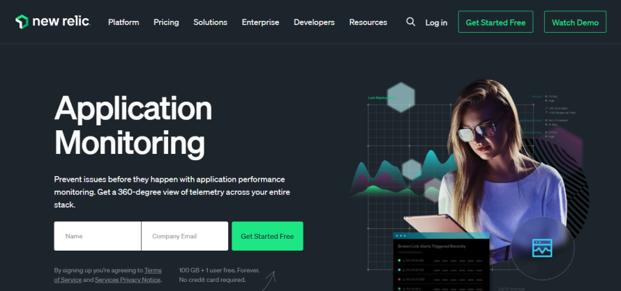 New Relic’s application monitoring’s homepage.