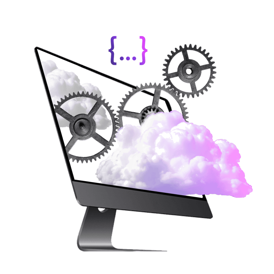 A collage featuring a computer with images of the cloud and turning wheels spilling over the desktop.