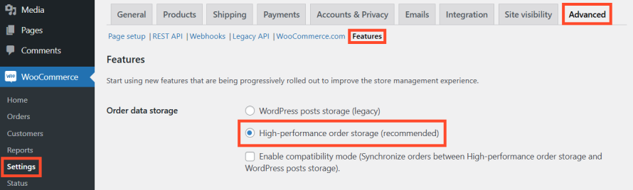 Choosing the ‘High-performnace order storage’ option in WooCommerce