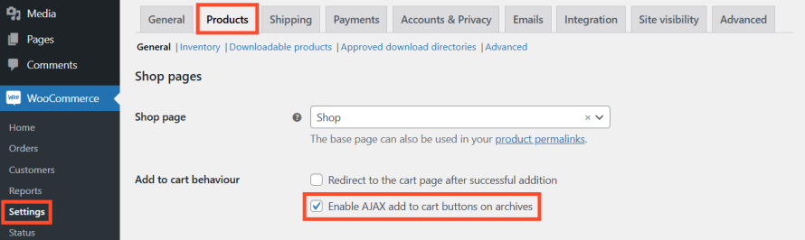 Enabling the ‘AJAX add to cart’ feature from the WooCommerce settings