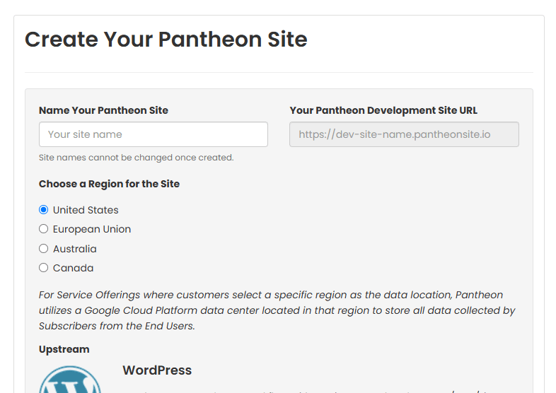  Entering a name for the WordPress site.