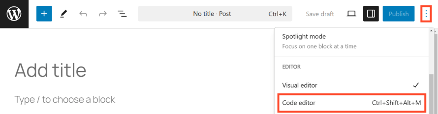 A screenshot of switching to “Code editor” in the WordPress Gutenberg editor.