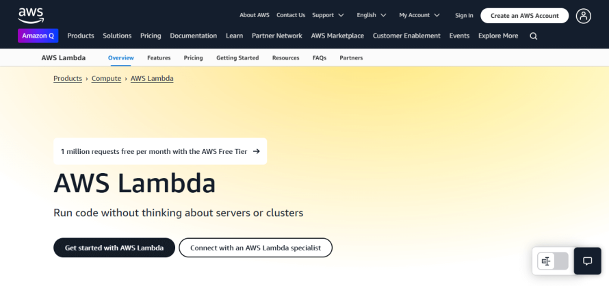 A screenshot of AWS Lambda’s homepage.