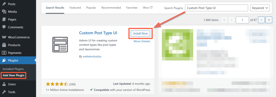 A screenshot showing how to search for and install the Custom Post Type UI plugin from the WordPress plugin repository.