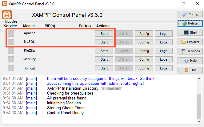 A screenshot showing the XAMPP control panel and ‘Start’ buttons for the Apache and MySQL services.