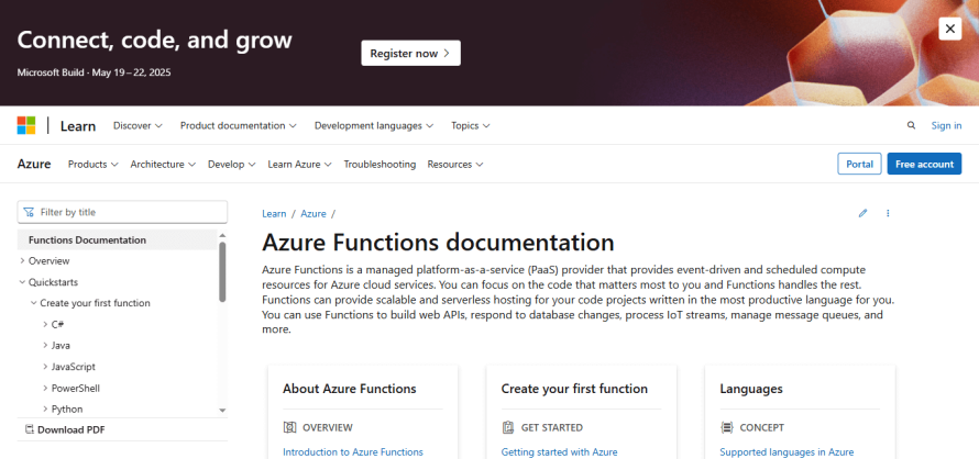 A screenshot of Azure Functions’ product page.