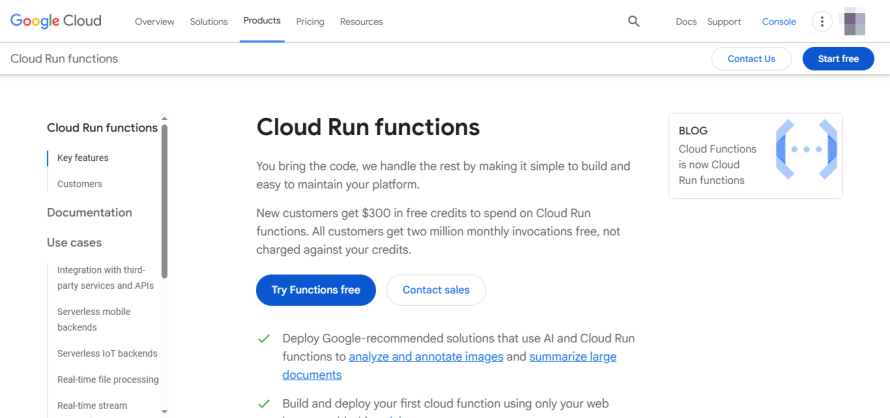 A screenshot of Google Cloud Run Functions’ product page.