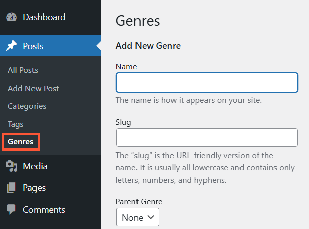 A screenshot of the created ‘Genres’ taxonomy for the ‘Post’ content type.