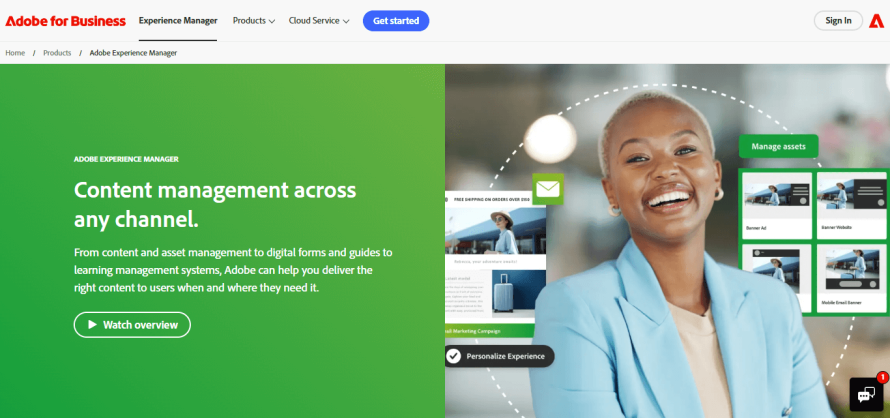 A screenshot of Adobe Experience Manager’s homepage.