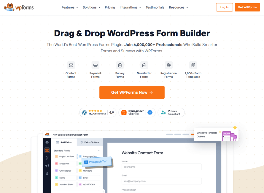 A screenshot of WPForms’ homepage.
