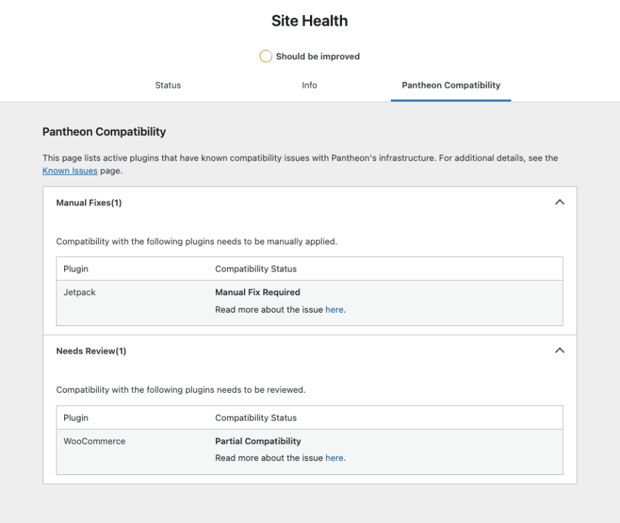 Pantheon MU Plugin Site Health screen