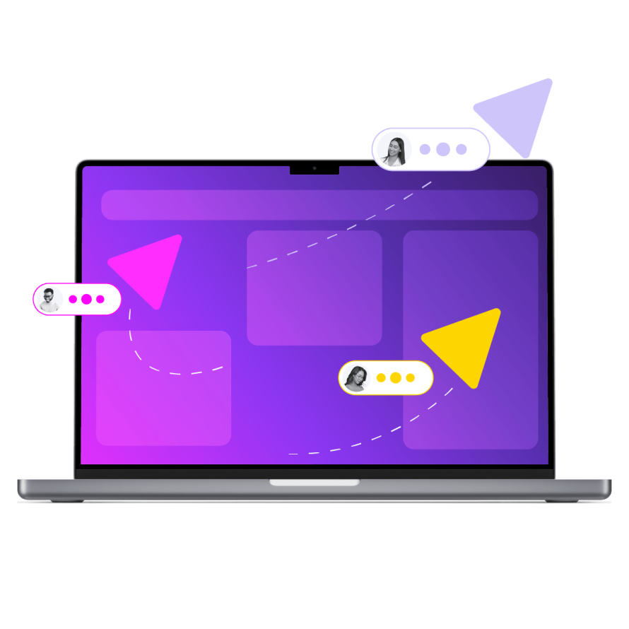A collage featuring a laptop with a purple background and sharing documents icons.