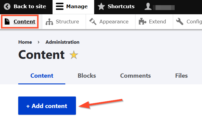 A screenshot showing how to add new content in Drupal.