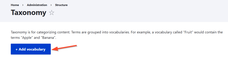 A screenshot showing how to add new vocabulary for your taxonomy in Drupal.