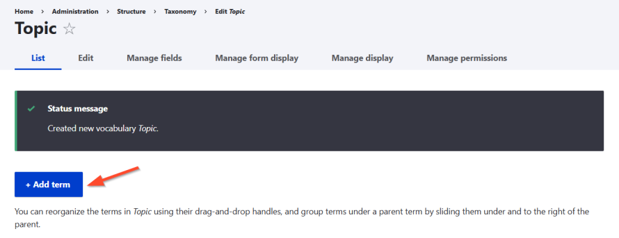A screenshot showing how to add a new term for your vocabulary in Drupal.