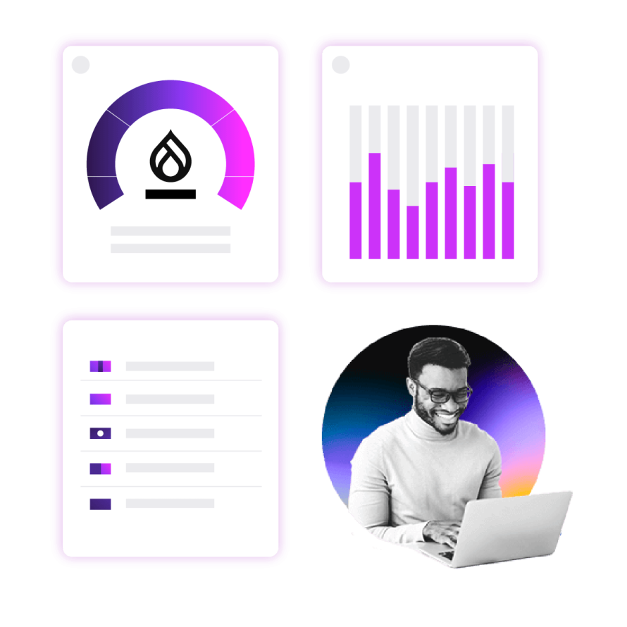 A collage featuring various data visuals, including a circular progress chart, bar graphs, and a list, accompanied by a smiling person working on a laptop.