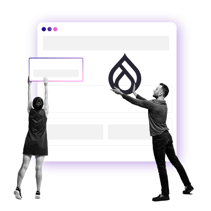 A collage with two people interacting with a web design interface, one placing a content block and the other holding a droplet-shaped logo, set against a purple background.