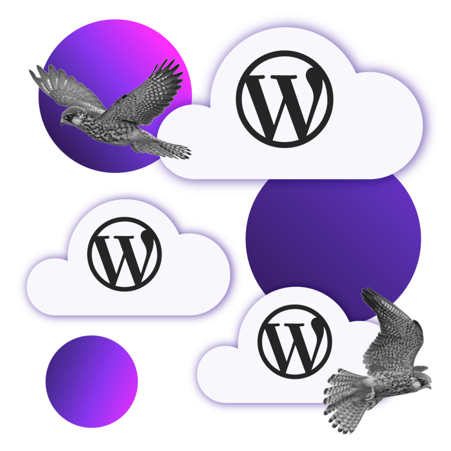 A collage featuring clouds with the WordPress logo and two birds in flight.