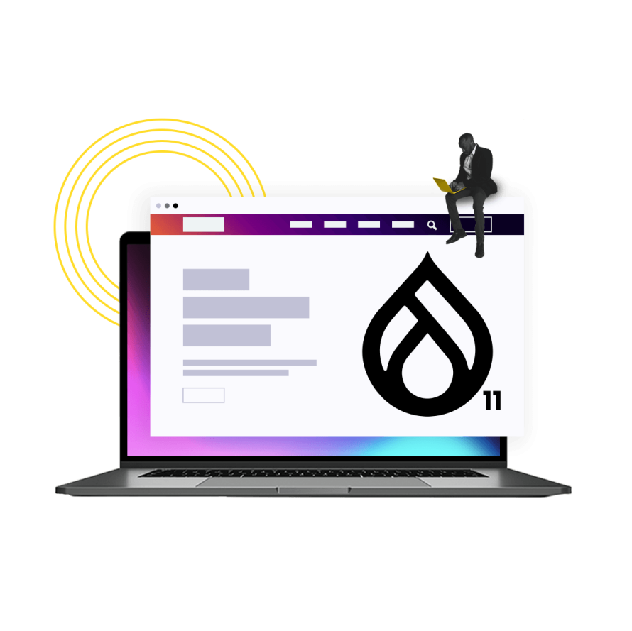 A collage featuring a laptop with the Drupal 11 logo and a figure seated on the screen, symbolizing digital innovation.