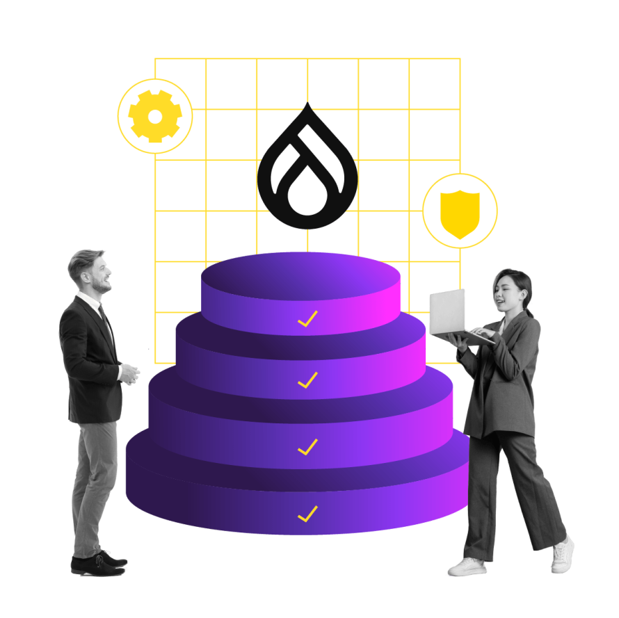 A collage featuring a three-tier purple podium of check-marked steps, the Drupal droplet logo on a yellow grid, flanking gear and shield icons, and two grayscale business professionals.