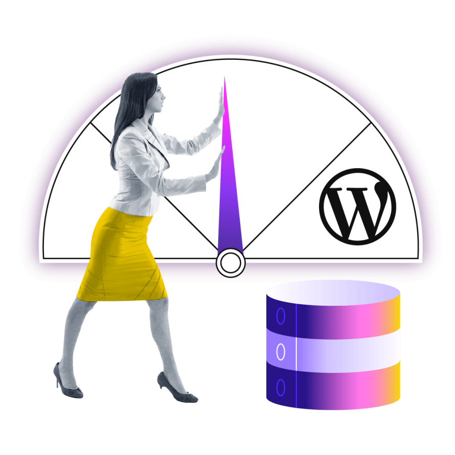 A collage featuring a businesswoman pushing a speedometer needle, a WordPress logo, and a colorful database stack to depict hosting performance benchmarks.