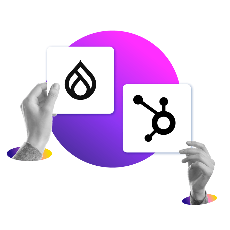 A collage featuring hands holding cards with the Drupal and HubSpot logos, symbolizing digital integration and platform connectivity.