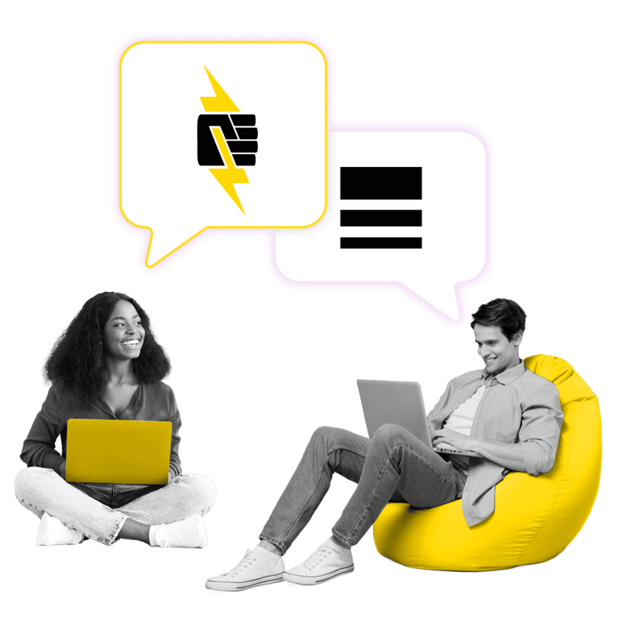A collage featuring two people with laptops and speech bubbles showing icons for power and text, symbolizing digital collaboration and platform comparison.