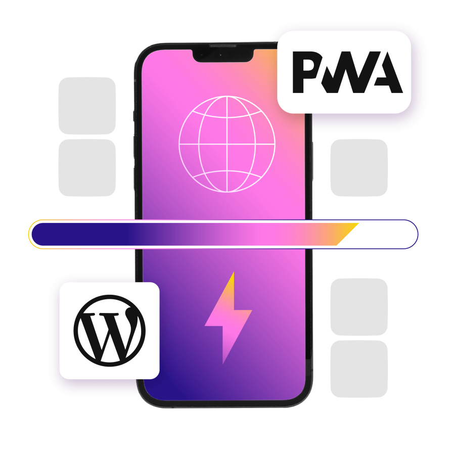 A collage featuring a smartphone with PWA and WordPress icons, symbolizing fast, modern web experiences and mobile optimization.