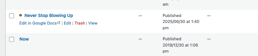 screenshot of a Content Publisher document in the WordPress admin alongside existing WordPress pages