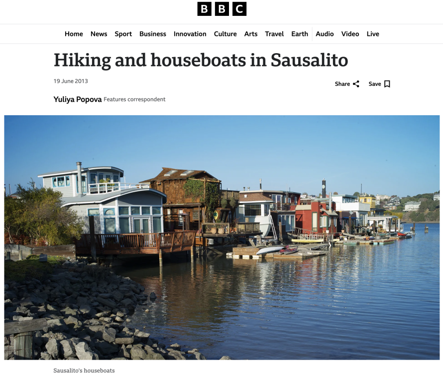A screenshot of the BBC article "Hiking and houseboats in Sausalito.