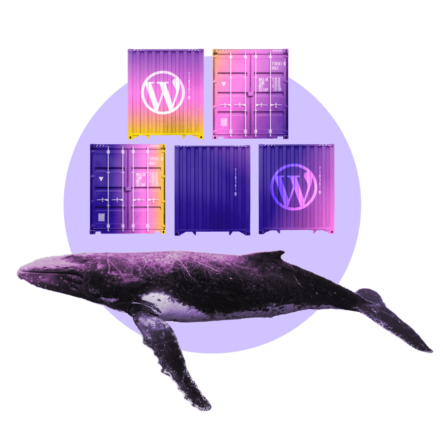 A collage featuring WordPress-branded shipping containers and a whale, symbolizing the power and scalability of containerized WordPress environments.