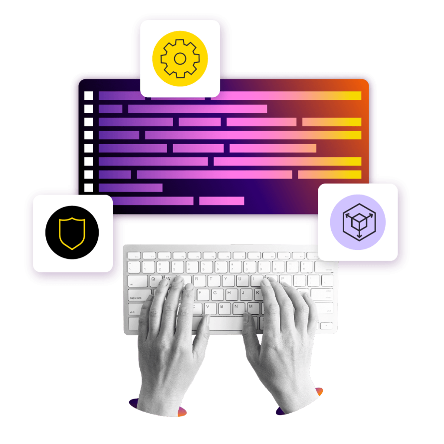 A collage featuring hands typing on a keyboard with code and icons for security, settings, and infrastructure, representing enterprise WordPress development.