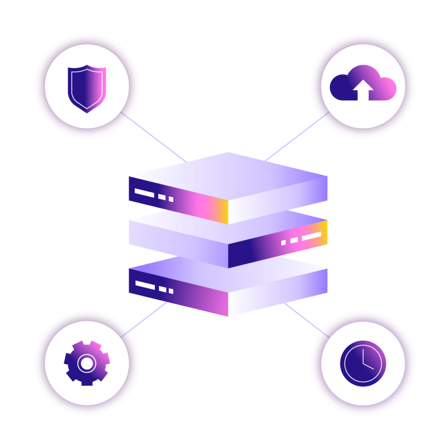 A collage featuring stacked server icons surrounded by symbols for security, cloud backup, settings, and time, representing the key benefits of managed WordPress hosting.