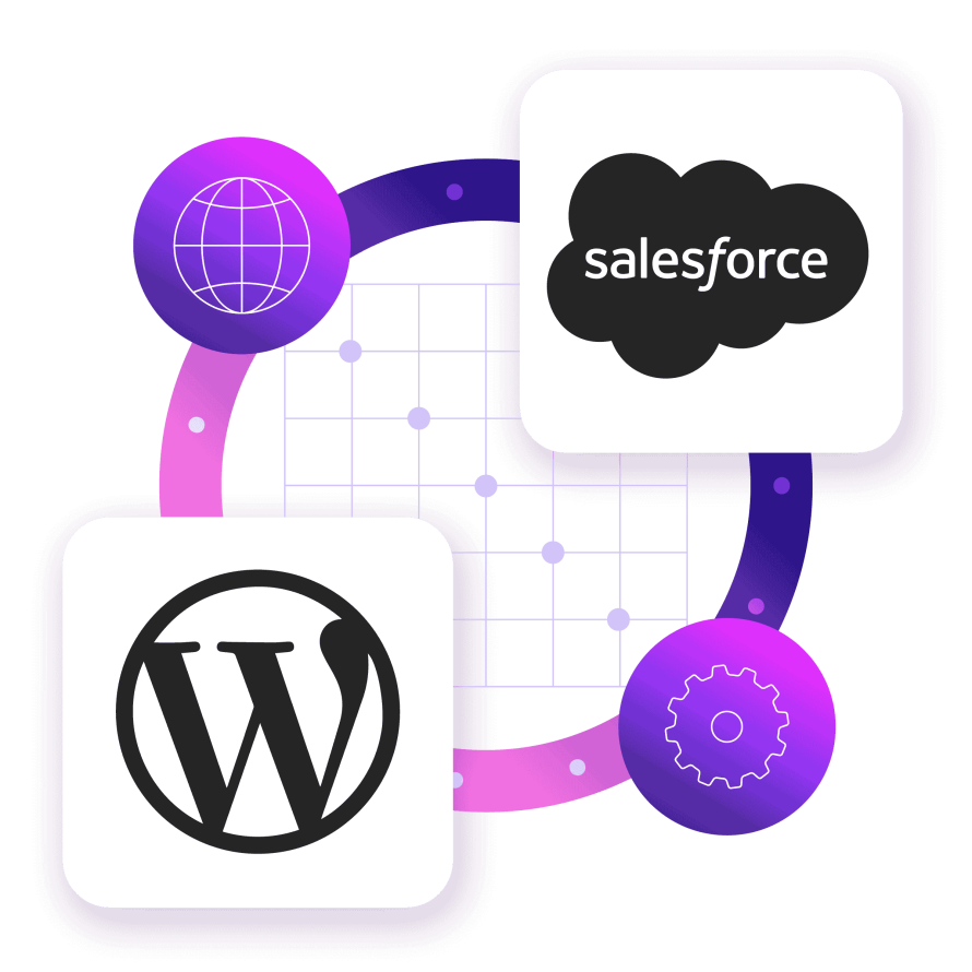 A collage featuring WordPress and Salesforce logos connected by digital icons, symbolizing seamless integration between the two platforms.