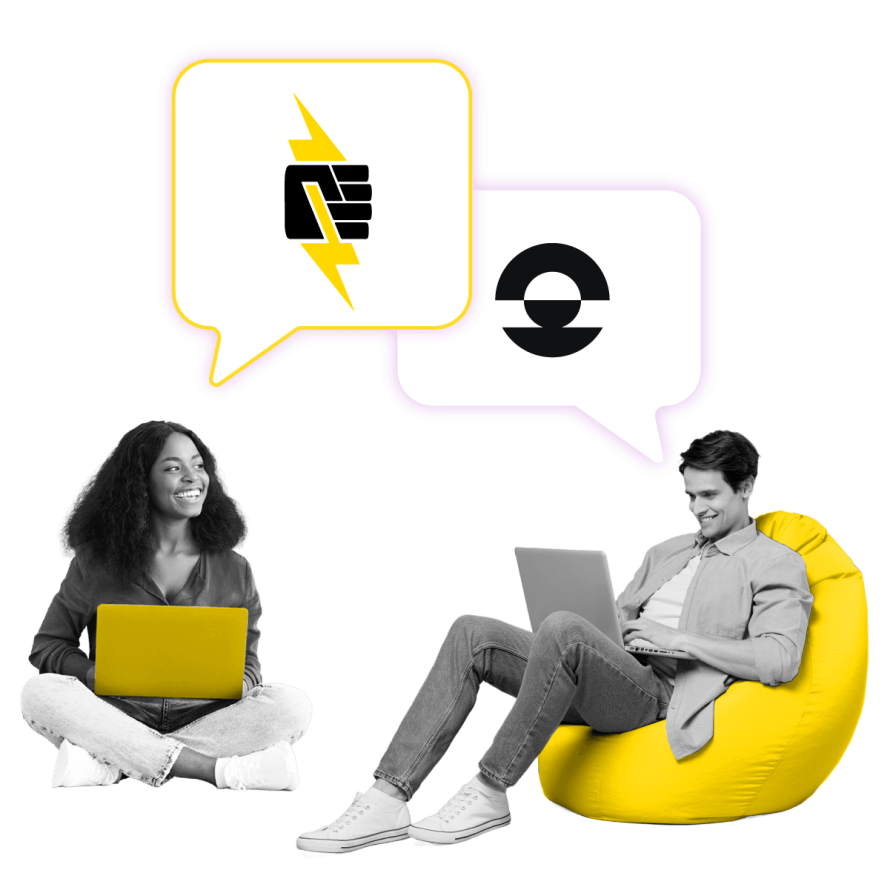 A collage featuring two people with laptops and speech bubbles showing icons for power and a circular logo, symbolizing the Upsun vs Pantheon platform comparison.