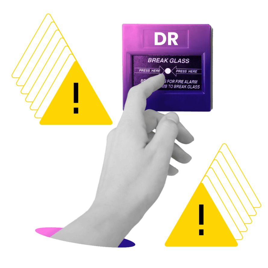 A collage featuring a hand pressing a "Break Glass" emergency switch with warning triangles surrounding it, symbolizing the importance of disaster recovery documentation.