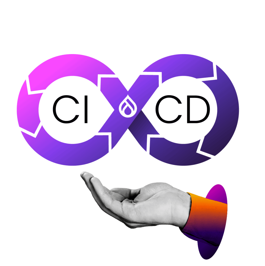 A collage featuring a hand holding an infinity loop with CI and CD, symbolizing continuous integration and deployment in Drupal.