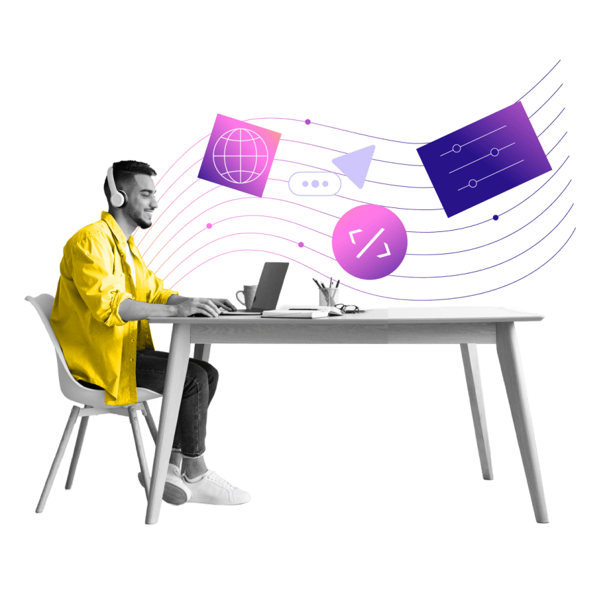 A collage featuring a developer at a desk with colorful digital icons floating around, symbolizing a streamlined web development workflow.