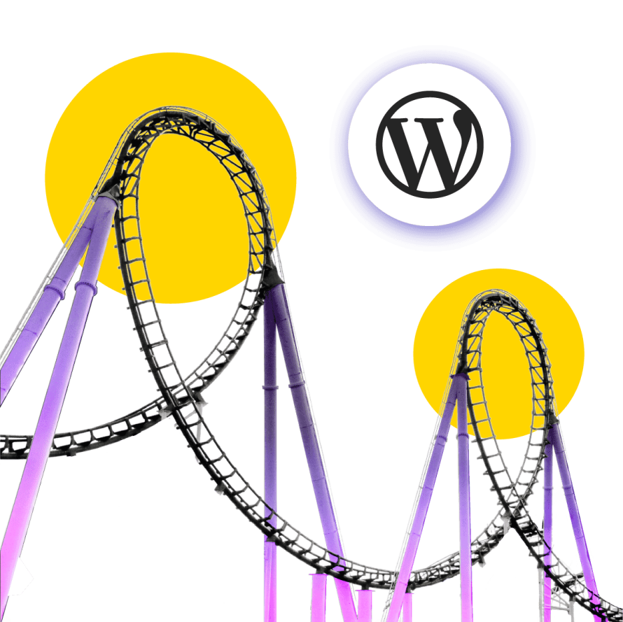 A collage featuring a looping roller coaster with bright yellow circles and WordPress logos, symbolizing the ups and downs of WordPress development workflows.
