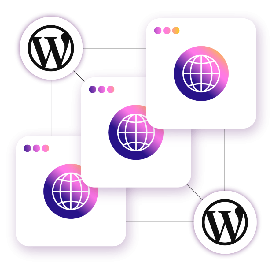 A collage featuring interconnected WordPress logos and globe icons in browser windows, symbolizing WordPress multisite hosting.
