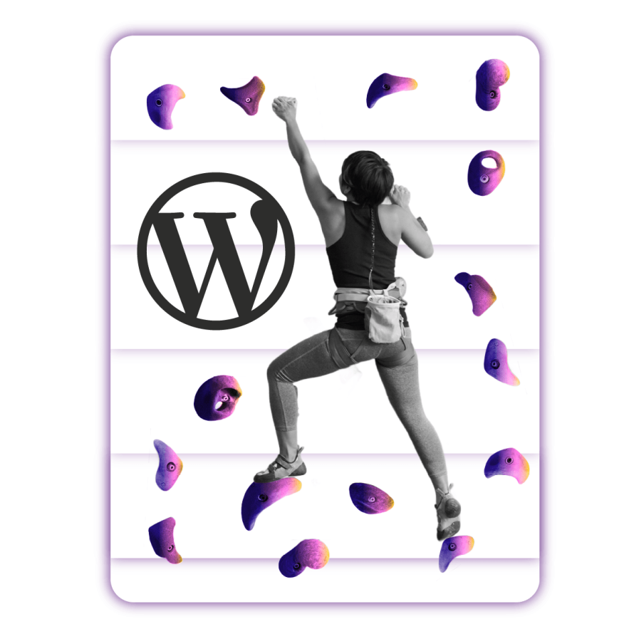 A collage featuring a person climbing a wall with WordPress logos as handholds, symbolizing the challenge and progress of scaling WordPress infrastructure.