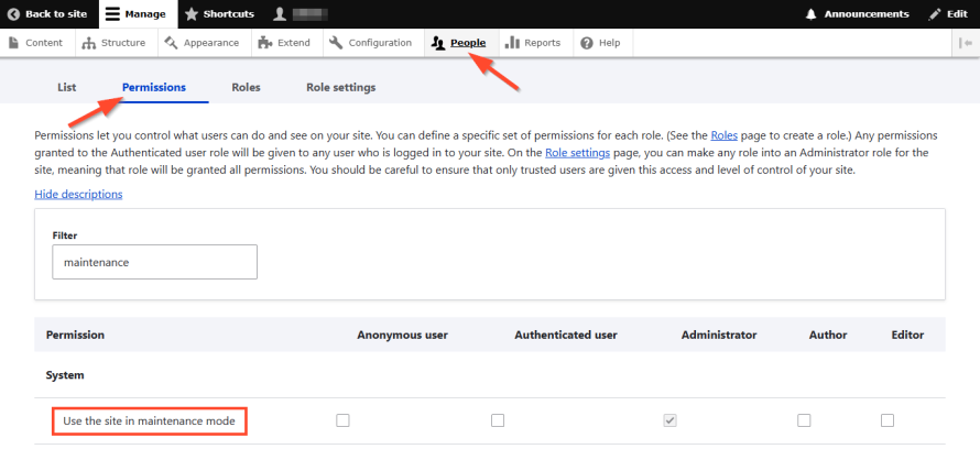 Drupal people permissions screenshot