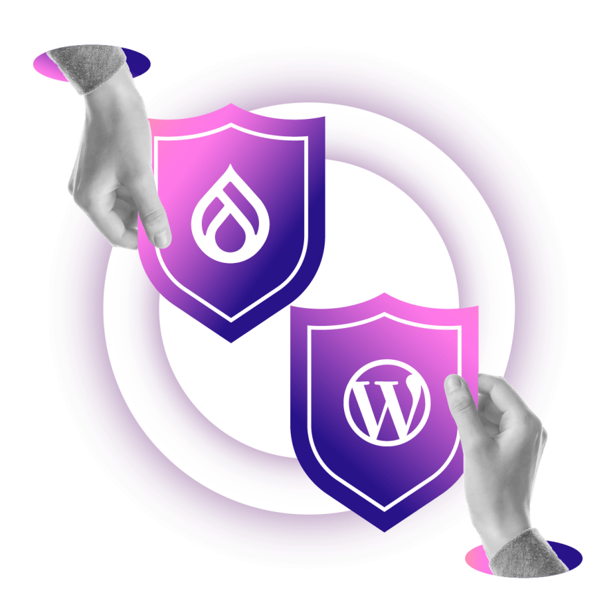 A collage featuring hands holding Drupal and WordPress security shields, symbolizing a comparison of platform security.