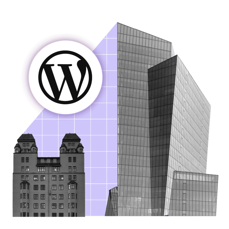 A collage featuring WordPress and modern building icons, symbolizing enterprise-level WordPress performance and scalability.