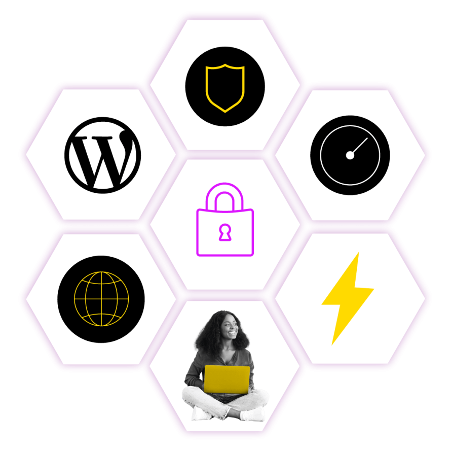 A collage featuring WordPress, security, performance, and global reach icons, symbolizing enterprise-level WordPress security.