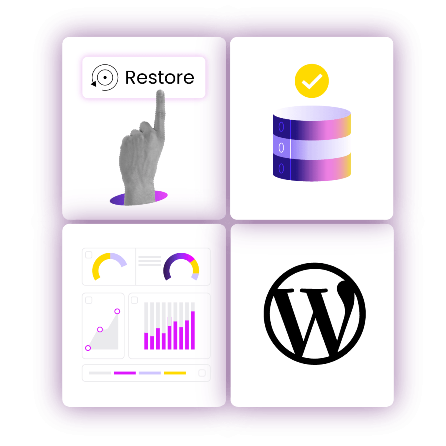 A collage featuring icons for restore, data, analytics, and WordPress, symbolizing essential hosting features for WordPress agencies.
