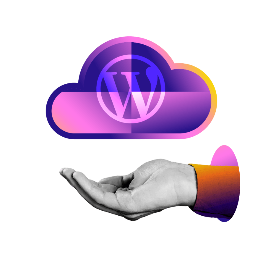 A collage featuring a hand holding a cloud with the WordPress logo, symbolizing modern WordPress cloud hosting architecture.