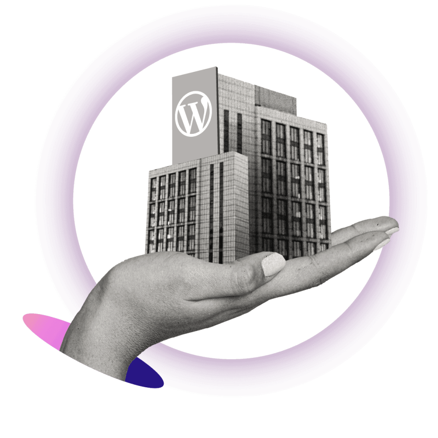 A collage featuring a hand holding a modern building with a WordPress logo, symbolizing enterprise-grade WordPress solutions.